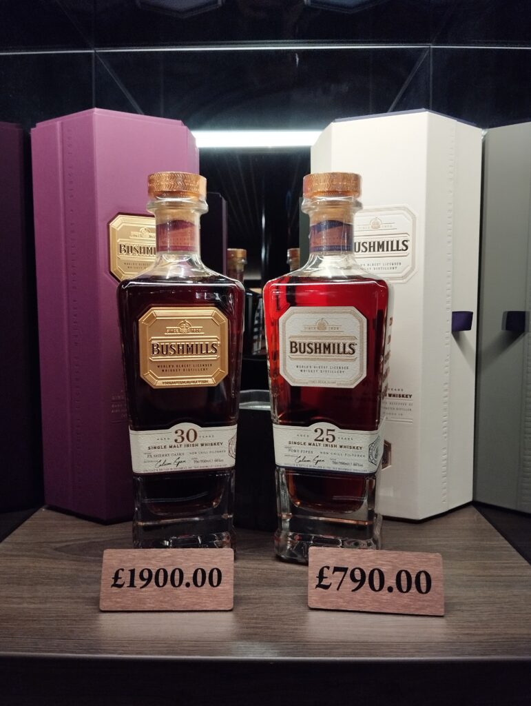 Image of the most expensive whiskey's on offer at Bushmills Distillery